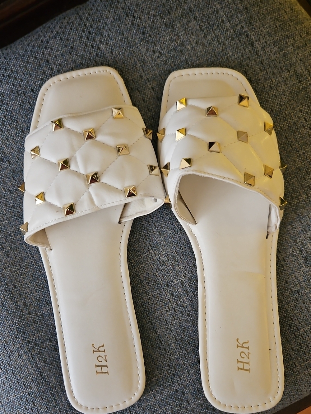 White Quilted Slide Sandals with Gold Studs